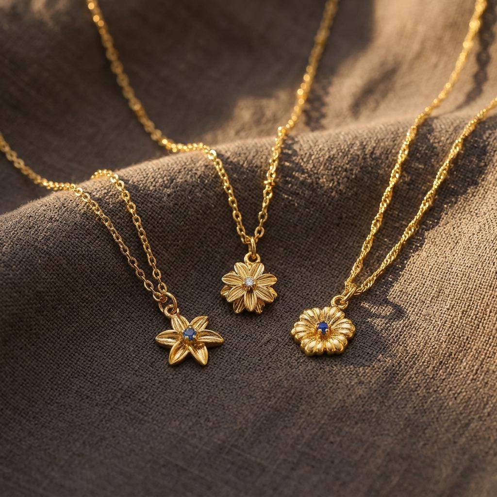 Dainty Birth Flower Necklace with Birthstone, Handmade Gold Jewellery, Birthday Gift, Floral Jewellery, Everyday Necklace Gift for Her, Mom