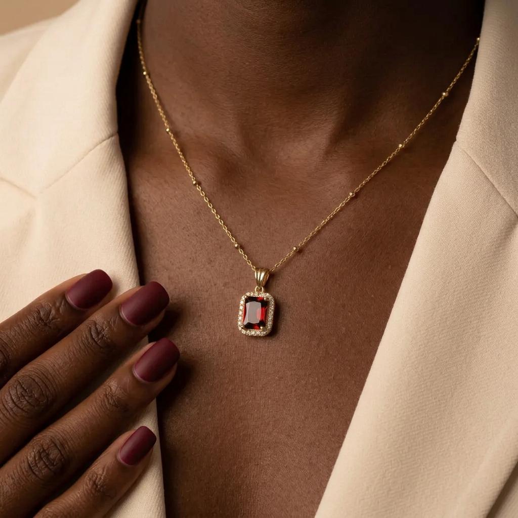 Garnet Custom Birthstone Necklace, Square Cut Gemstone Necklace, Elegant  Gold Minimalist Personalized Jewelry  Gift for Mom, Grandma
