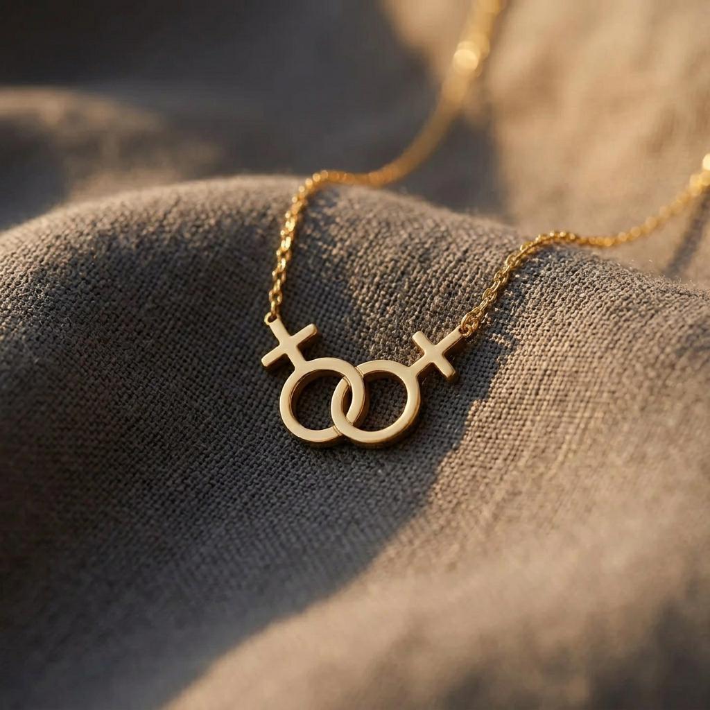Lesbian Necklace – Double Venus Symbol in 18k Gold–LGBTQ Pride Jewelry – Gift for Her - Lesbian Gift