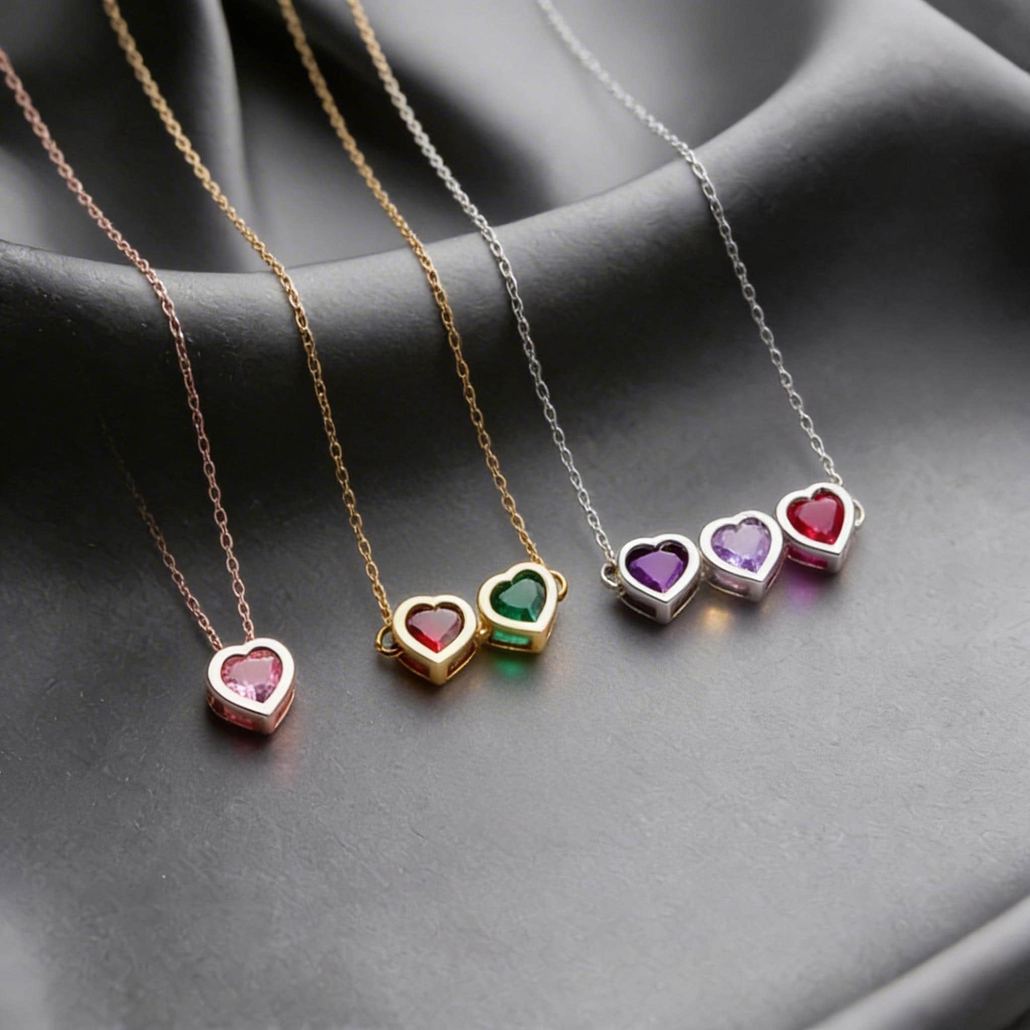 Sterling Silver Birthstone Heart Necklace, Custom Birthstone Necklace with Heart Birthstone Necklace, Heart Shaped Birthstone Gift for Mom