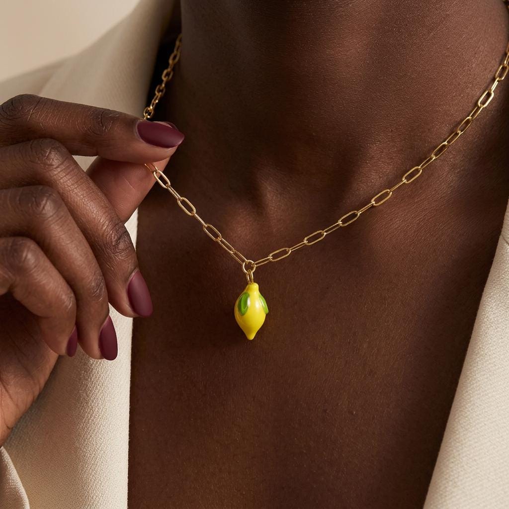Murano Glass Lemon Necklace, Handmade Fruit Pendant Necklace, Cute Lampwork Lemon Jewelry, Everyday Necklace Gift for Her Women