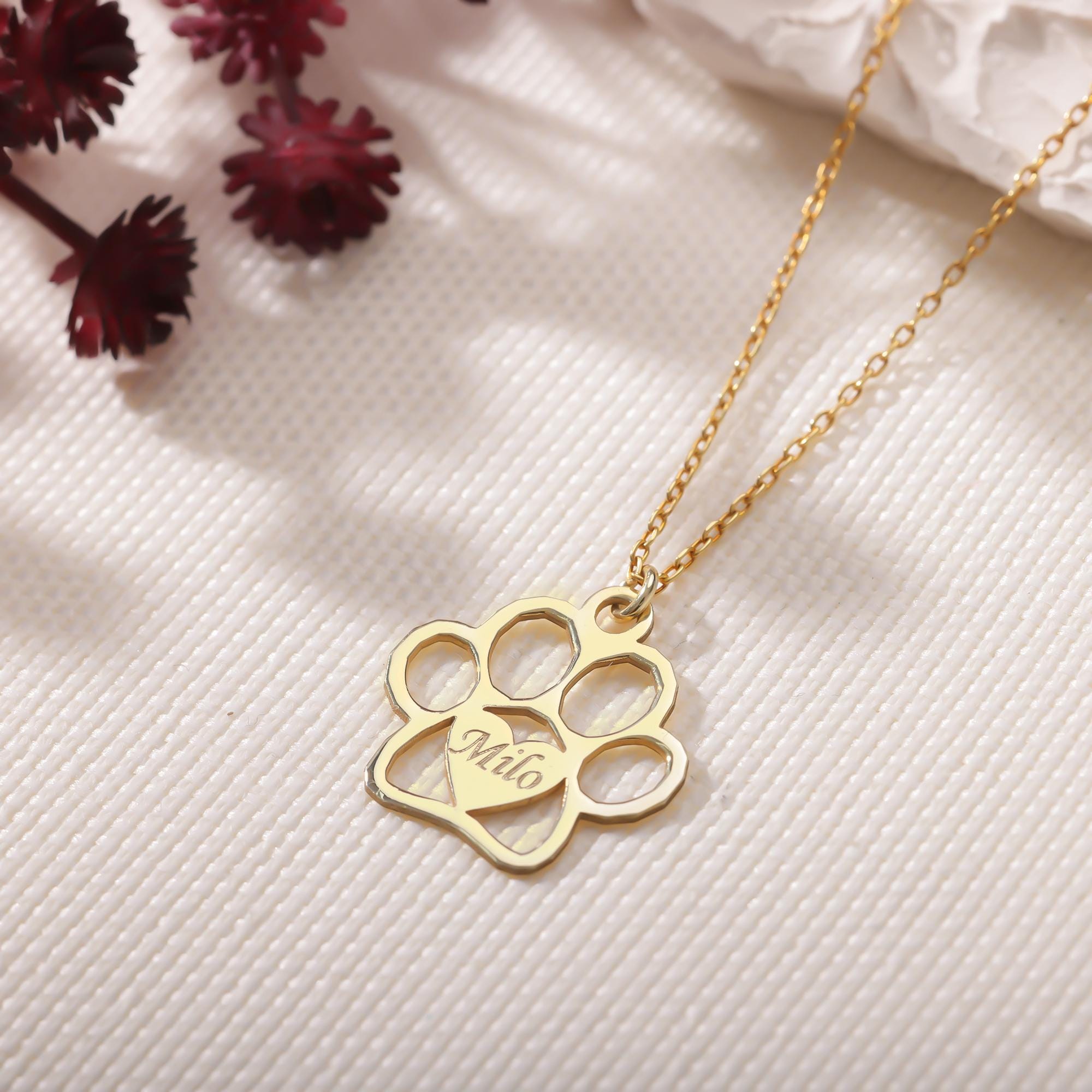 14K Gold Personalized Pet Paw Necklace: Custom Pet Memorial Keepsake, Heart Paw Print Pendant, Dog Loss Gift, Remembrance Gift for Dog Mom
