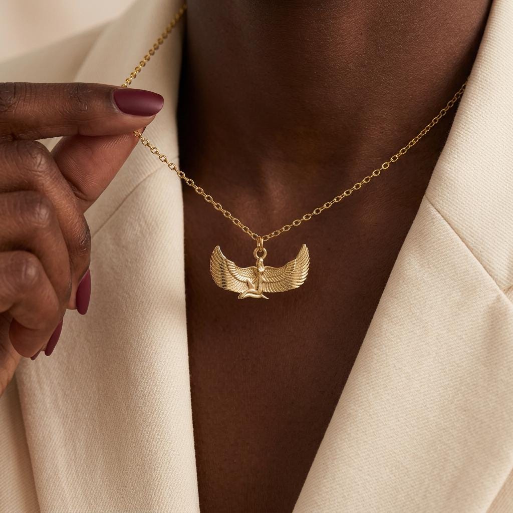 Goddess Isis Necklace, Egyptian Mythology Necklace, Winged Isis Pendant Necklace, Ancient Egyptian Jewelry Gift for Her Women