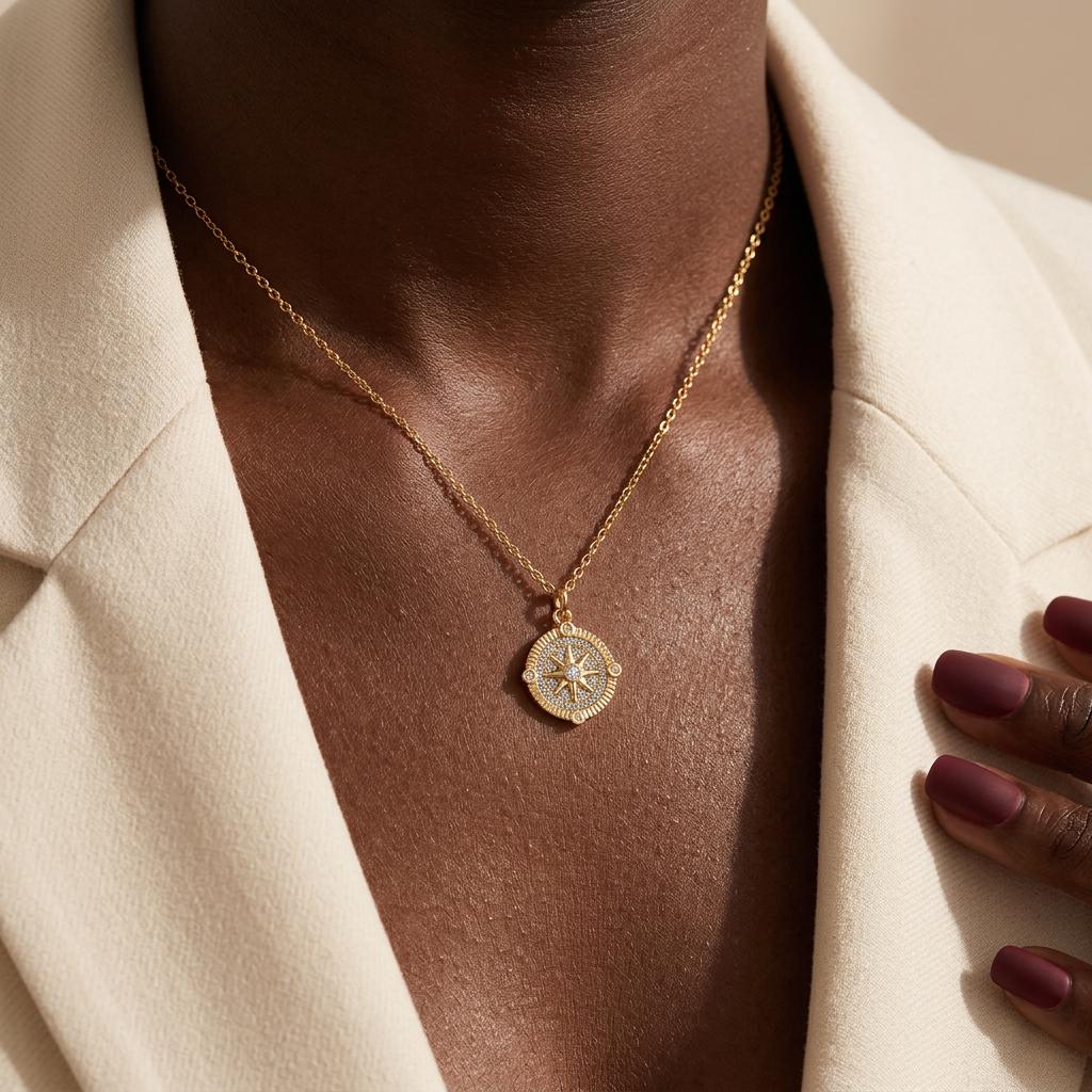 North Star Compass Necklace, Compass Coin Necklace for Women, Gold Travel Pendant Jewelry, Minimalist Everyday Necklace Gift for Her