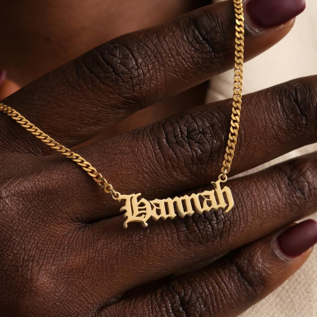 14K Gold Old English Name Necklace, Gothic Nameplate Necklace, Personalized Goth Font Jewelry, Custom Name Necklace Gift for Her