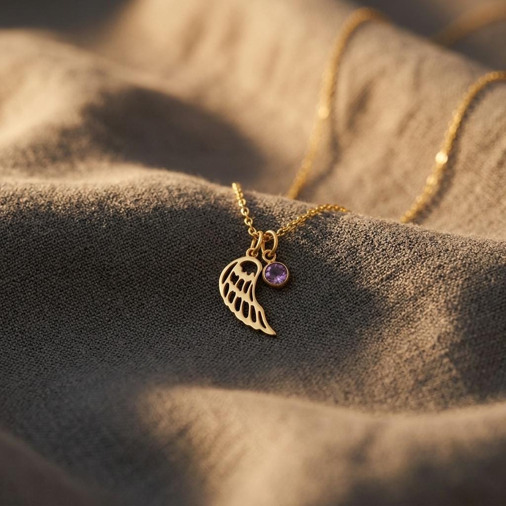 Birthstone Angel Wing Necklace • Memorial Personalized Remembrance Jewelry, Guardian Angel Pendant, Sympathy Gift, Loss of Loved One
