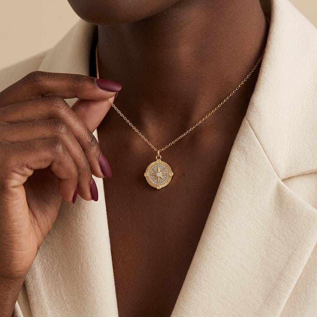 Compass Coin Necklace, Gold Plated North Star Compass Necklace, Pave Travel Pendant Jewelry, Minimal Everyday Gift Necklace for Her