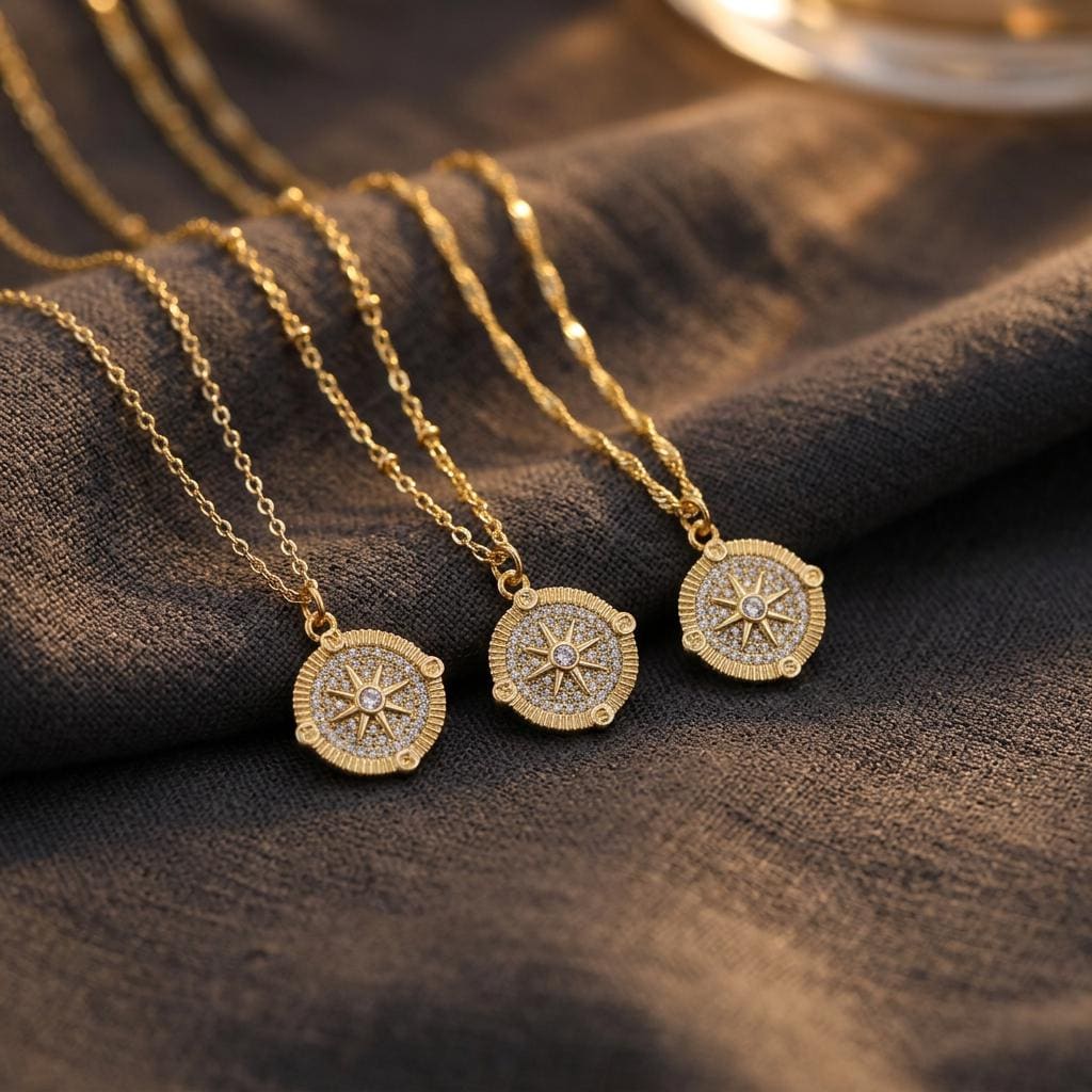 Compass Coin Necklace for Women, North Star Compass Necklace, Gold Plated Travel Pendant Jewelry, Minimalist Everyday Gift for Her Jewelry