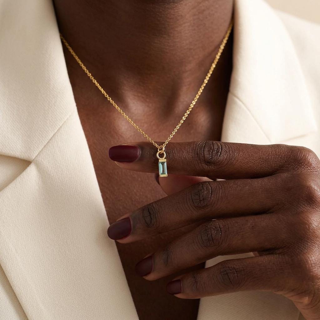Baguette Birthstone Necklace, Personalized Gold Birth Month Necklace, Dainty Minimal Jewelry Gift for Her Women Everyday Wear