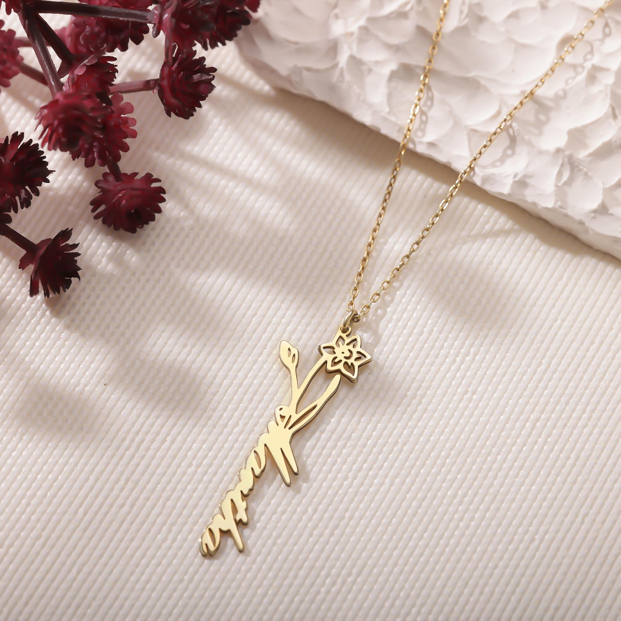 Custom Name Necklace with Birth Flower, Personalized Gold Floral Name Necklace, Mum Gift, Unique Birthday Gift for Grandma,Mother’s Day Gift