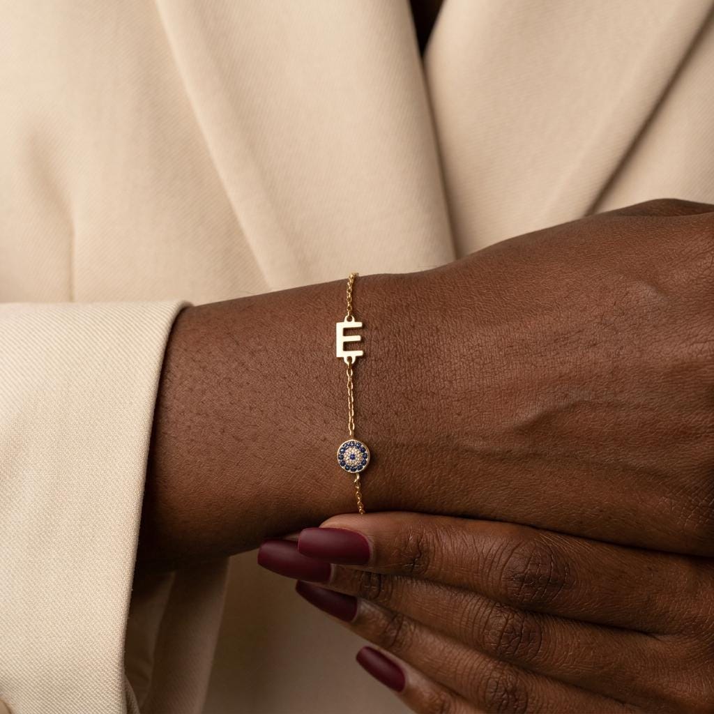 Personalized Initial Letters Evil Eye Bracelet, Custom Letter Bracelet, Protective Bracelet, Mothers Day Gift For Mom,Grandma