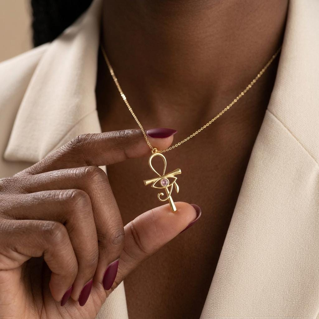 14k Gold Eye of Ra Necklace with May Birthstone,Ankh Cross Jewelry, Egyptian Protection Pendant, Gold Spiritual Necklace for Women,Mum,Nana