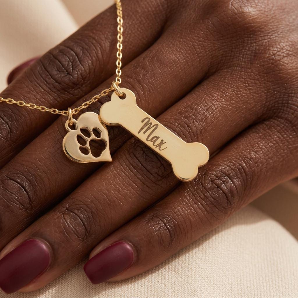 Custom 14K Gold Dog Name Necklace: Paw & Bone Charm, Mother’s Day Gift For Mom, Grandma
