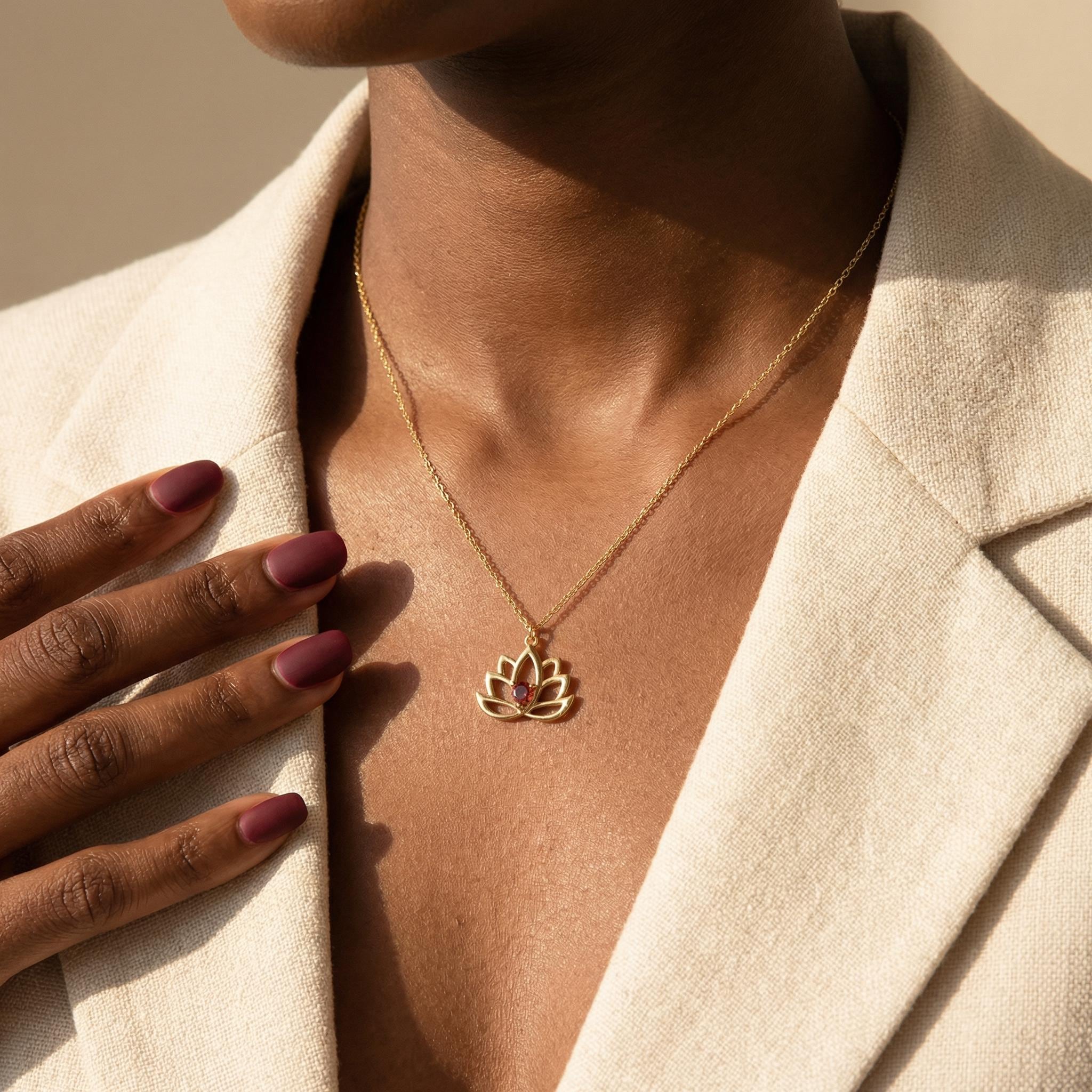 Personalized Gold Lotus Necklace with Birthstone, Minimalist Birthstone Necklace on Lotus Flower, Mother,Grandma Gift, Lotus Charm Necklace,