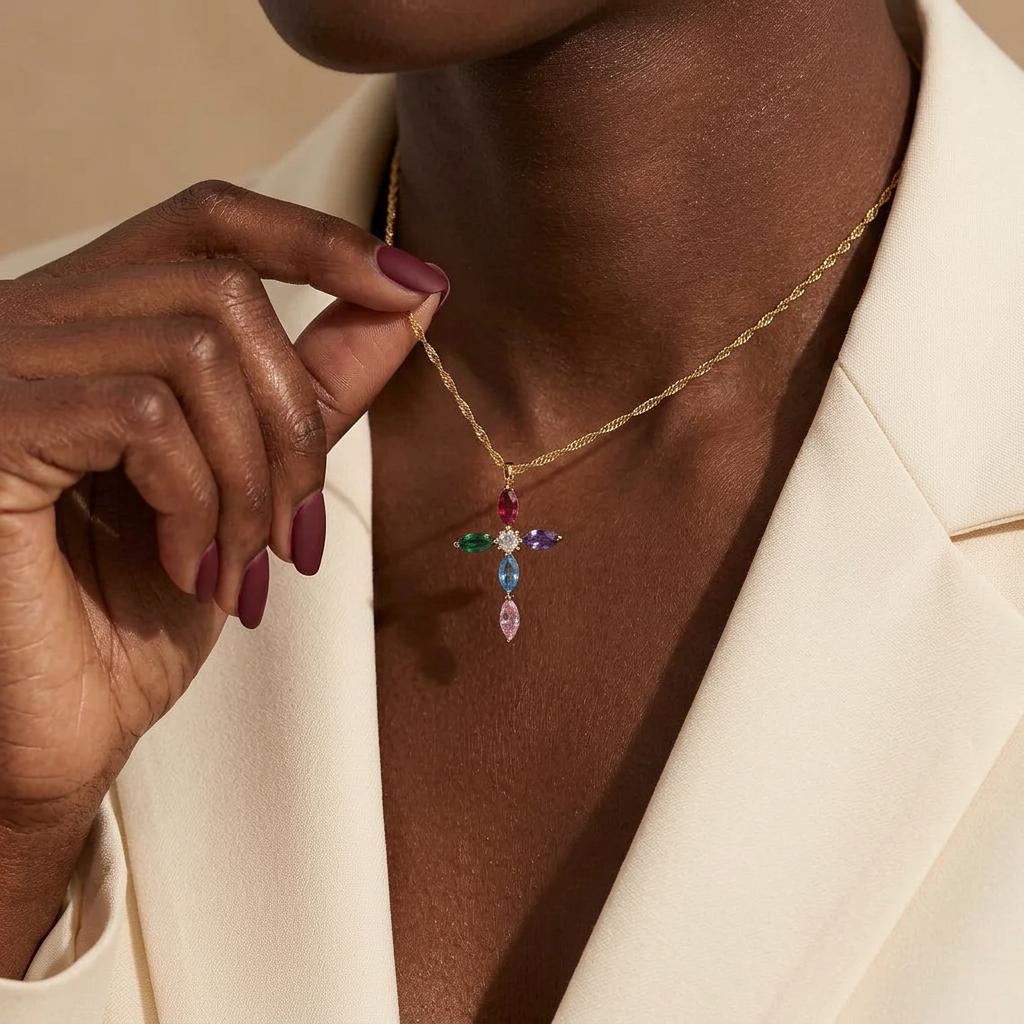 18K Gold Plated Rainbow Cross Necklace, Emerald Pave Christian Necklace, Religious Jewelry Gift for Her, Everyday Gold Cross Pendant