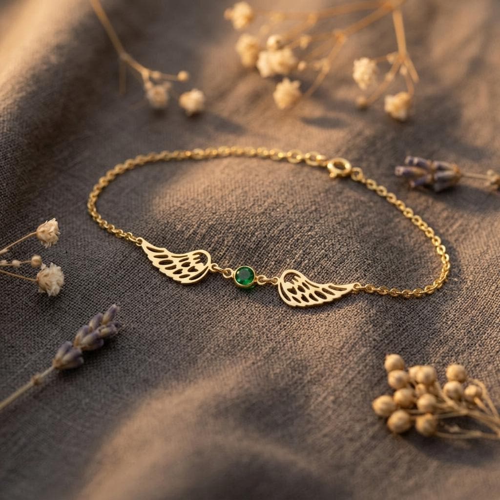 Angel Wings Bracelet Gold with Birthstone Dainty Angel Wing Birthstone Bracelet Sterling Silver Guardian Angel Bracelet for Mum and Grandma