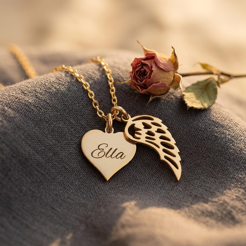 Personalized Angel Wing Heart Necklace, Memorial Name Pendant, Gift for Mom Grandma, Mothers Day Gift Jewelry