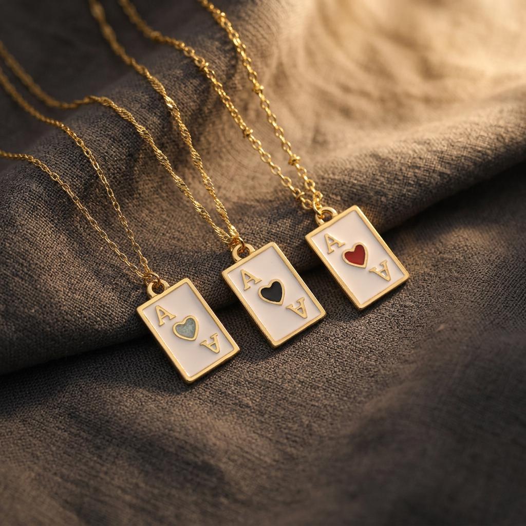 Poker Card Necklace, Gold Playing Card Pendant for Women, Enamel Casino Jewelry, Las Vegas Everyday Gift Necklace for Her