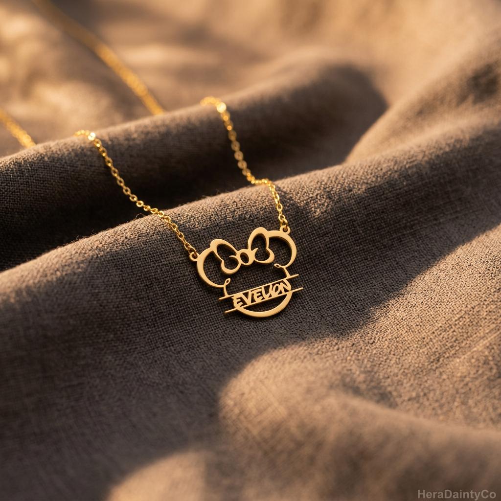 Personalized Minnie Mouse Name Necklace: Sterling Silver 14K Gold, Cute Cartoon Name Pendant, Disney-Inspired Charm Gift for Kids & Her