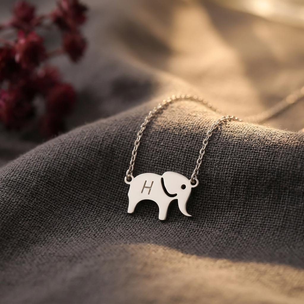 Dainty Elephant Necklace, Personalised Animal Jewellery, Custom Initial Necklace Gift for Women Kids Mum Her
