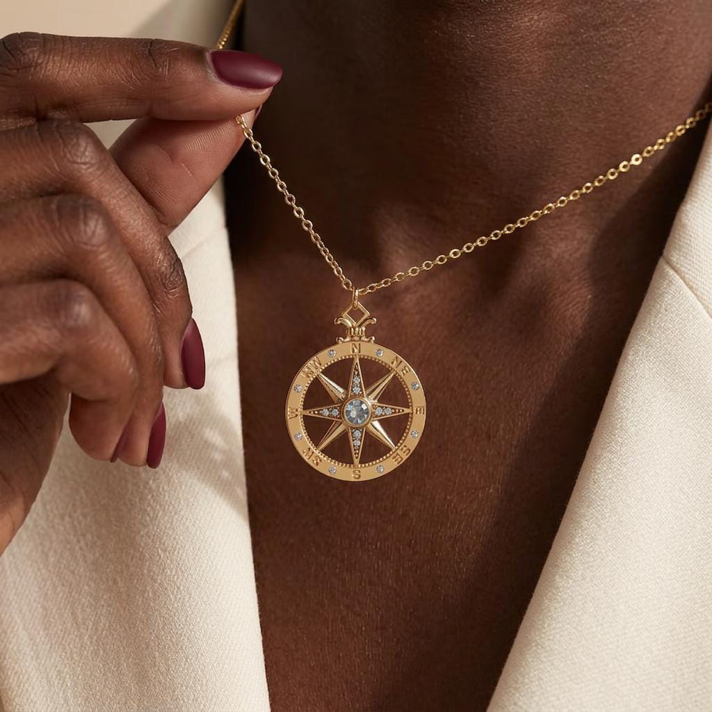 Compass Pendant Necklace, Gold Plated North Star Compass Coin Necklace, Pave Travel Jewelry, Minimal Everyday Necklace Gift for Her Women