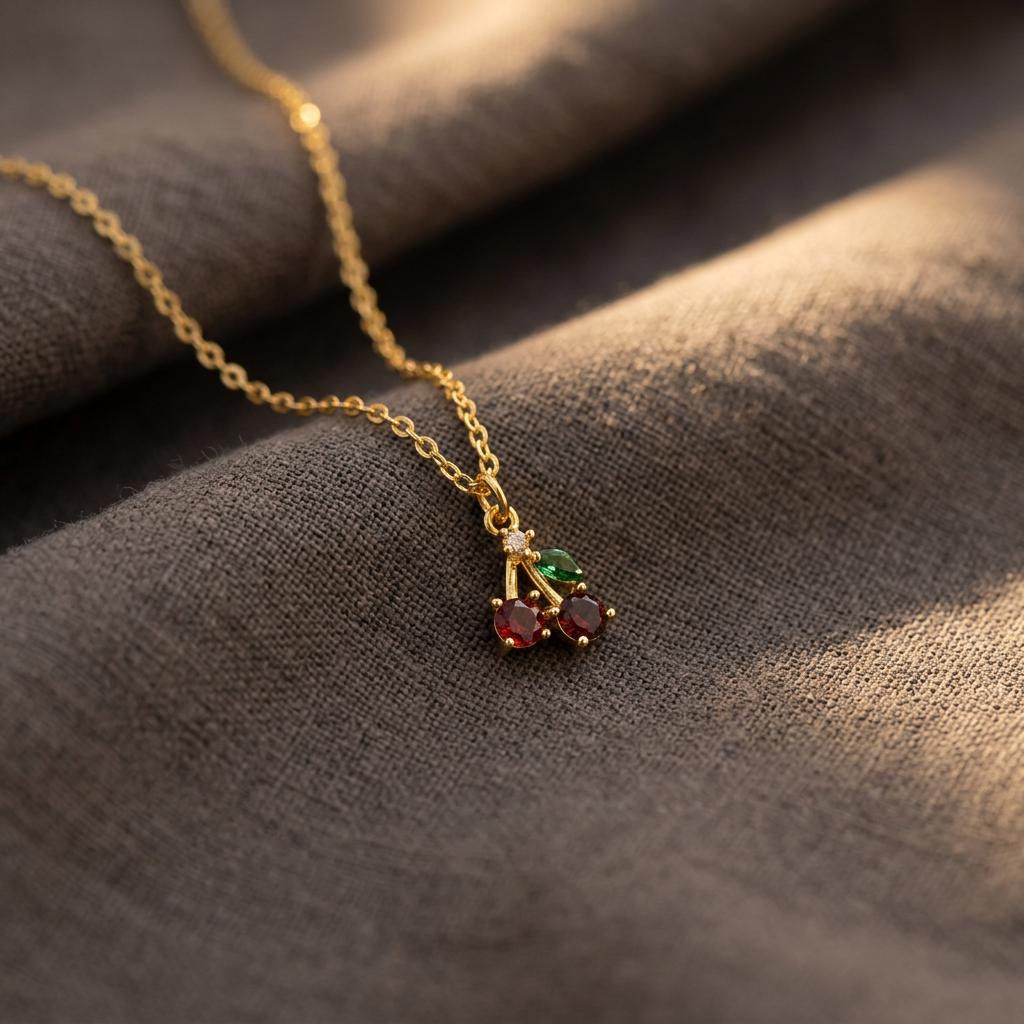 18K Gold Plated Pave Cherry Pendant: Handmade  Necklace, Pave Cherry Jewelry, Minimalist Necklace, Everyday Jewelry, Gift for Her