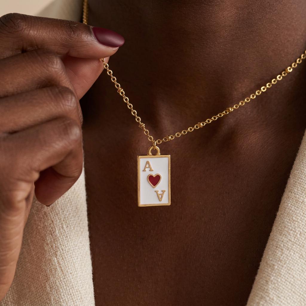 Playing Card Necklace, Gold Enamel Poker Card Necklace for Women, Las Vegas Casino Jewelry, Everyday Pendant Gift for Her Women