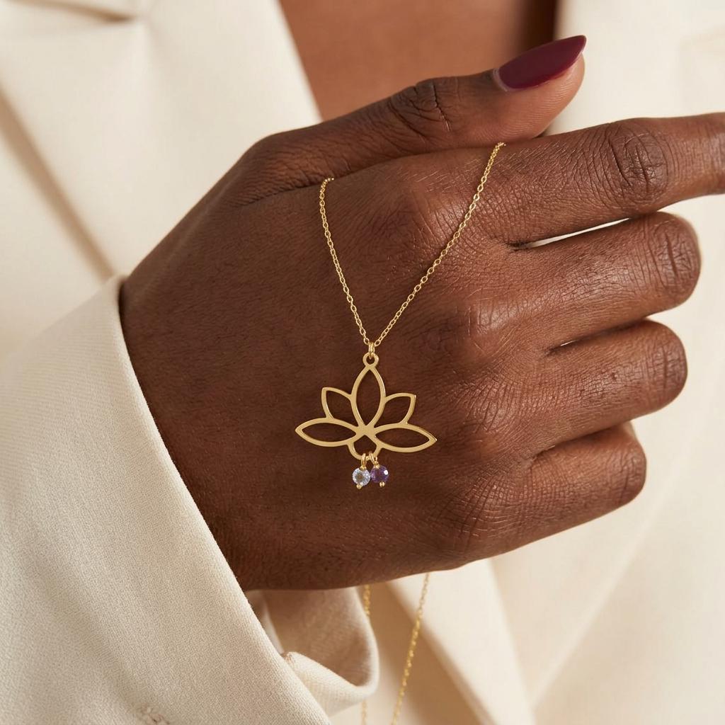 14K Gold Lotus Birthstone Necklace, Yoga Necklace, Meditation Necklace, Silver Flower Pendant,Wellness Mindfulness Gift For Mom,Nana