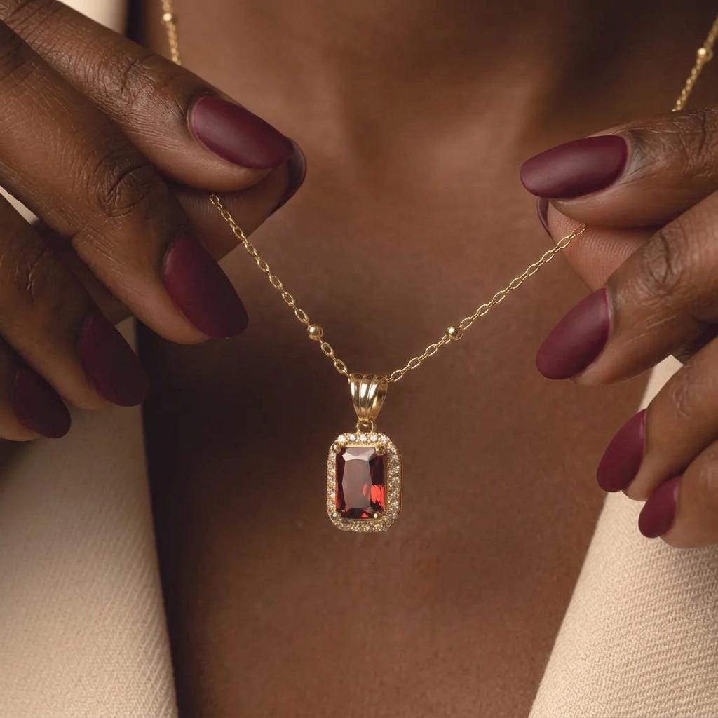 Personalized Gold Garnet Baguette Birthstone Necklace, Custom Gold Birthstone Necklace, Mothers Day Gift for Mom, Grandma