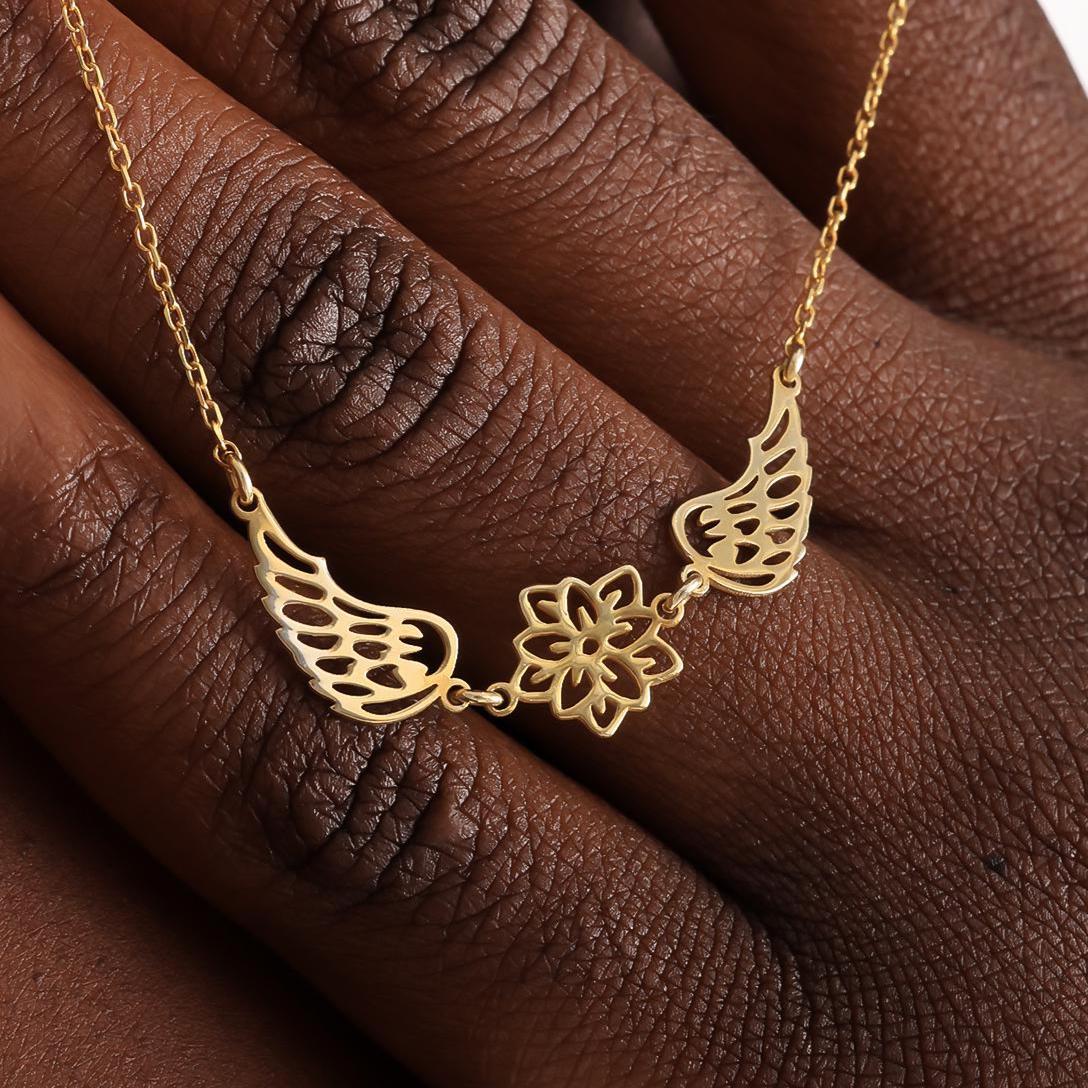 Angel Wings Necklace with Birthflower, Dainty Gold Angel Wing Necklace, Guardian Angel Jewelry for Mom, Memorial Necklace, Gift for Her