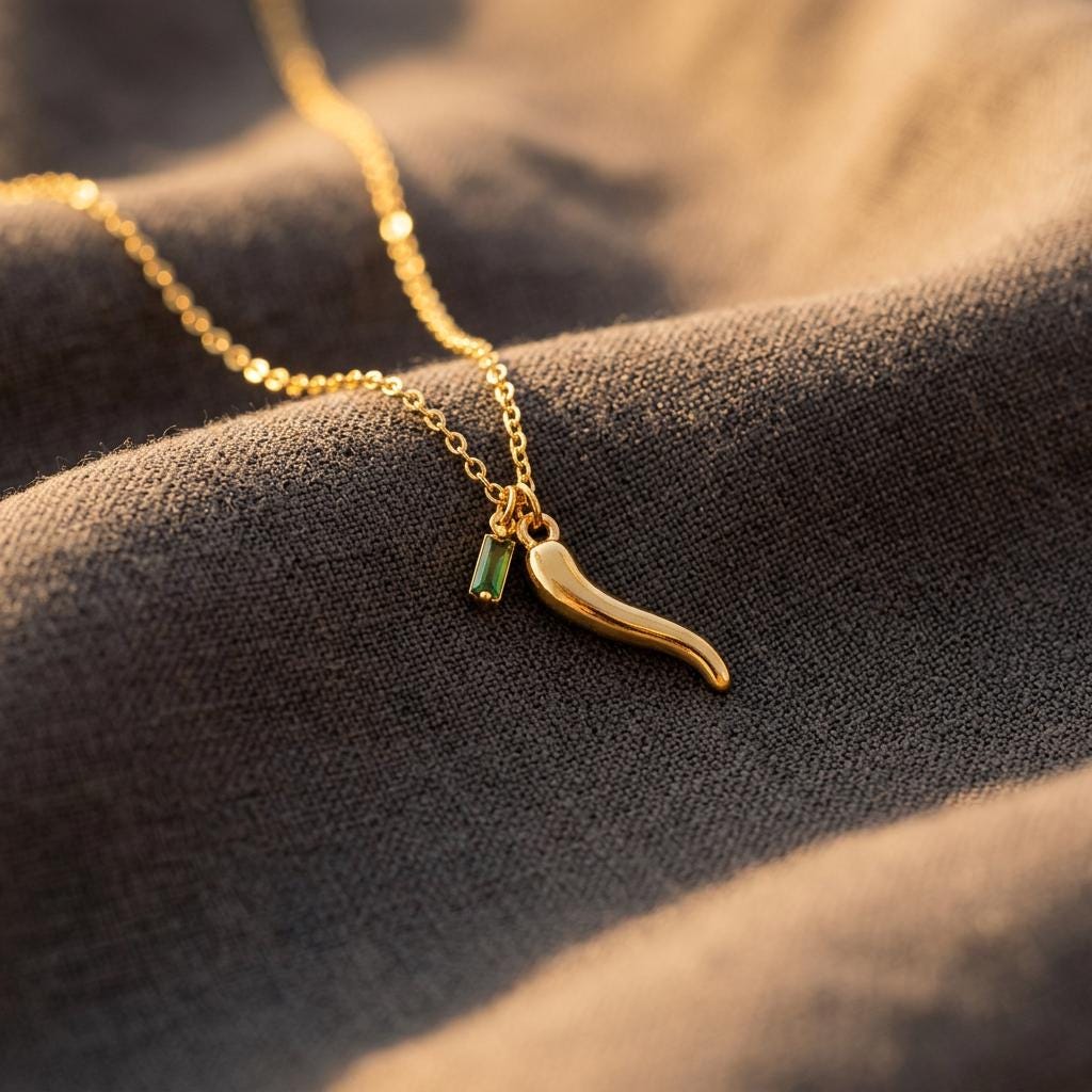 Gold Italian Horn with Birthstone Necklace, Protection Necklace, Cornicello Necklace, Personalized Jewelry, Gift for Mom, Mothers Day Gift