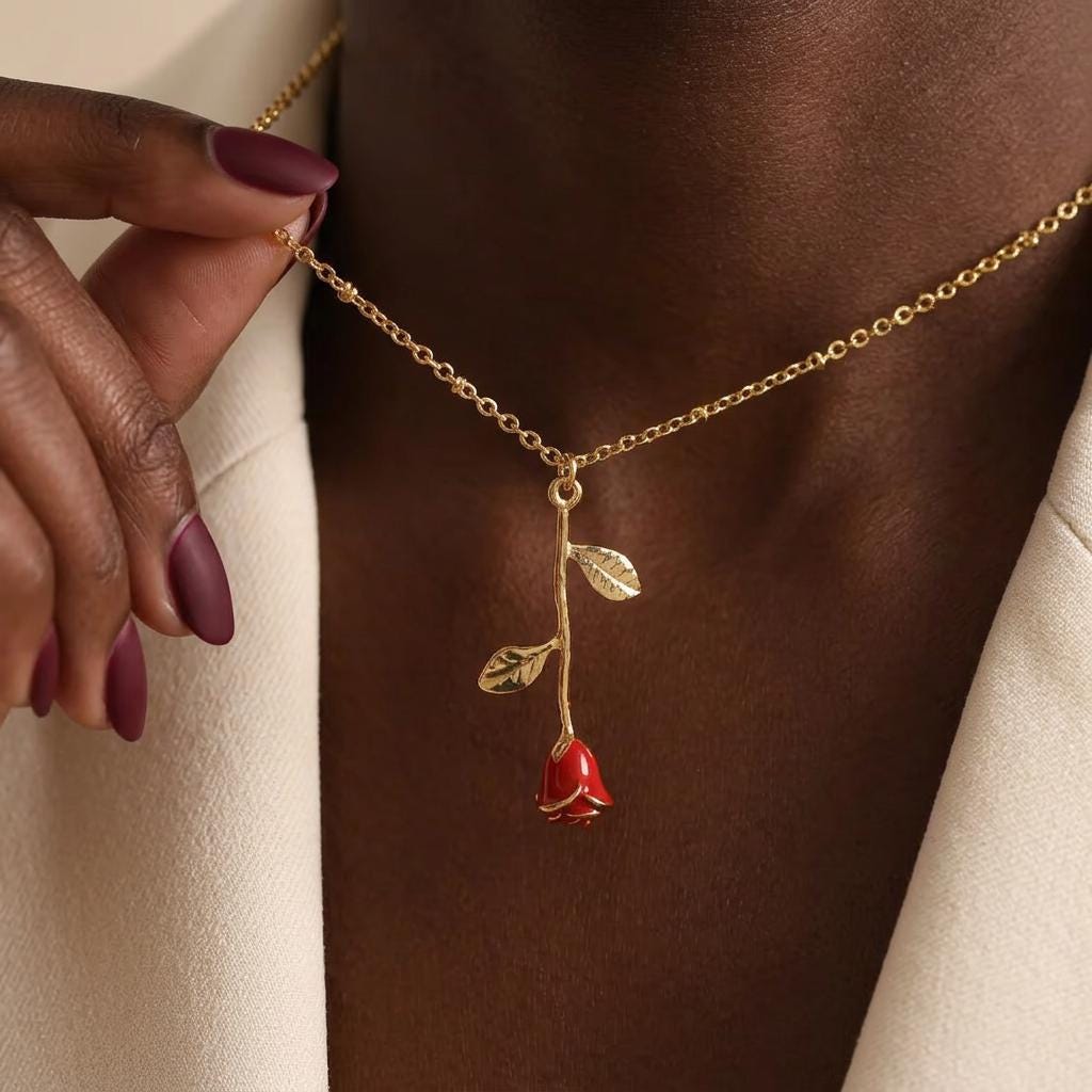 Gold Enamel Rose Necklace, Red White Rose Necklace, Dainty Flower Necklace, Minimalist Rose Pendant, Gift for Her, Mom Gift