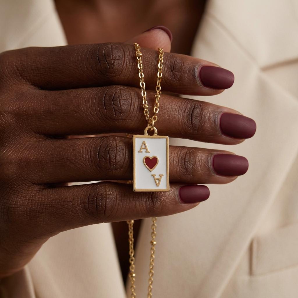Playing Card Necklace, Gold Enamel Poker Card Pendant Necklace, Las Vegas Poker Jewelry, Everyday Necklace Gift for Her Women