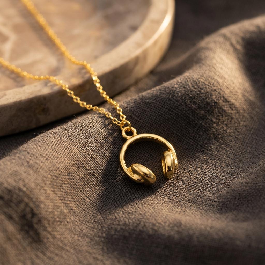 18k Gold Plated Dainty Headphone Necklace, Music Lover Pendant,Tiny Earphone Necklace, Everyday Necklace Gift for Her, Tiny Headset Charm