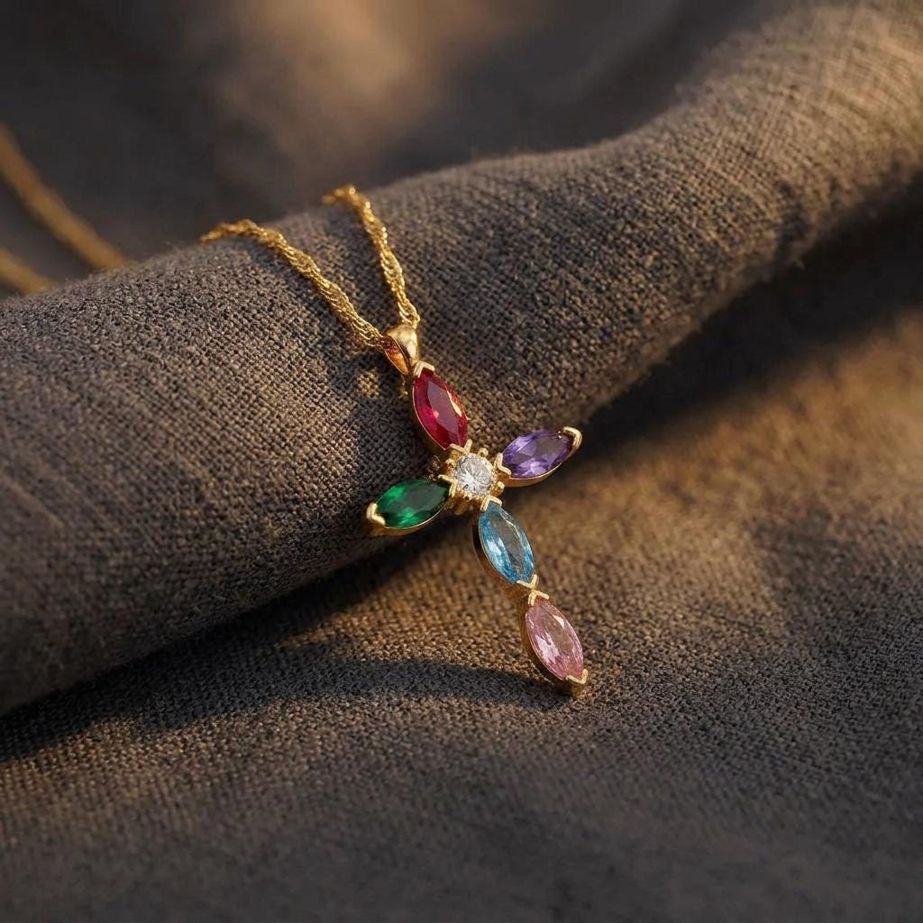 Gold Plated Cross Necklace: Colorful Glass Jewelry, Religious Jewelry Gift for Her, Everyday Gold Cross Pendant