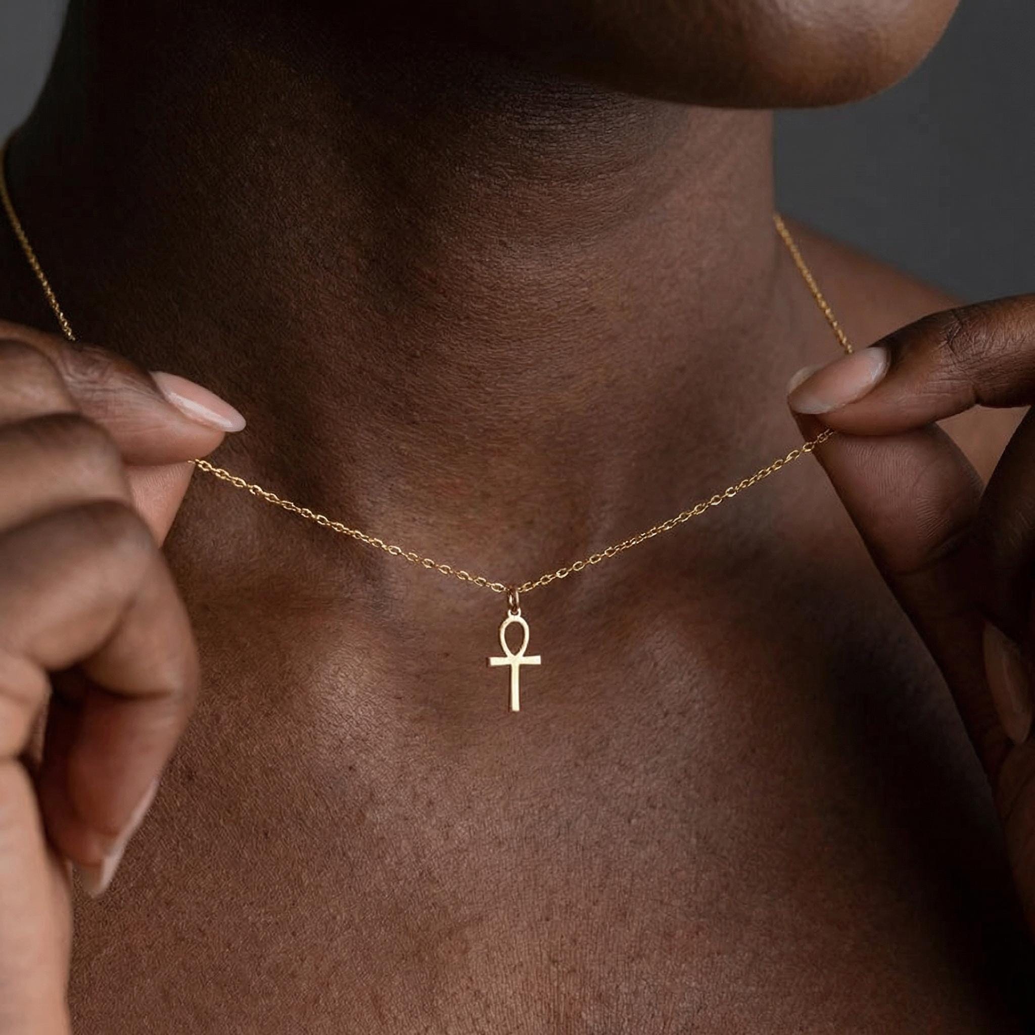Tiny Silver Egyptian Cross Necklace Gold Ankh Pendant Ancient Necklace for Women Religious Necklace Dainty Ankh Necklace, Nana,Mum Gift