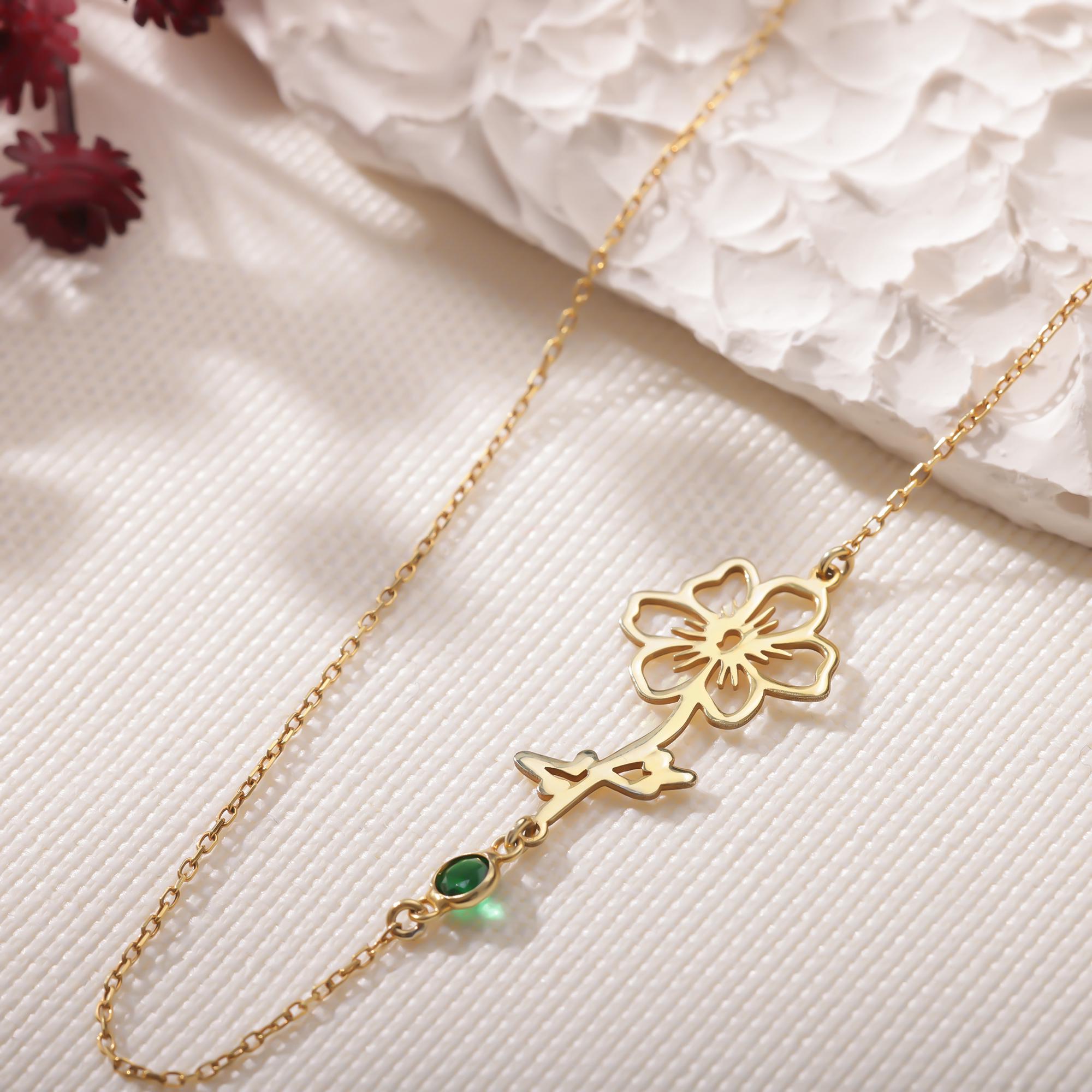 Sideways Birth Flower Necklace with Birthstone and Birthflower Necklace with Initial Necklace Custom Letter Necklace Dainty Mother Day Gift