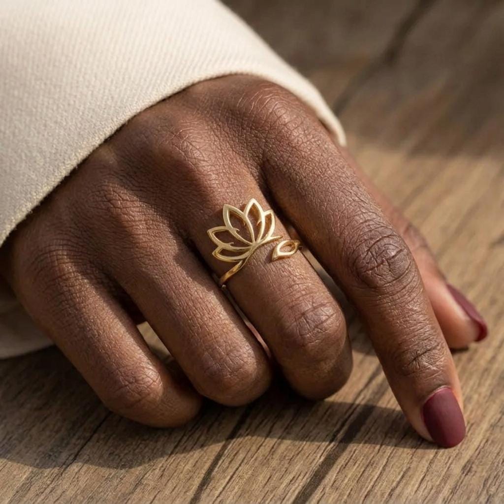 Gold Lotus Ring Dainty Adjustable Lotus Flower Jewelry Minimalist Boho Gold Ring for Women Spiritual Yoga Inspired Lotus Gift For Mom,Nana