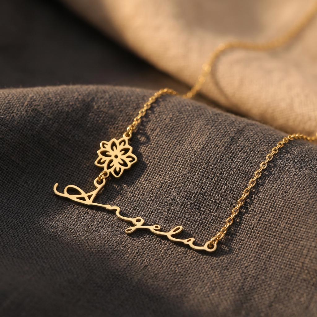 Sterling Silver Birth Flower Name Necklace, Personalized Floral Name Jewelry, Custom Birth Month Flower Necklace, Meaningful Family Gift