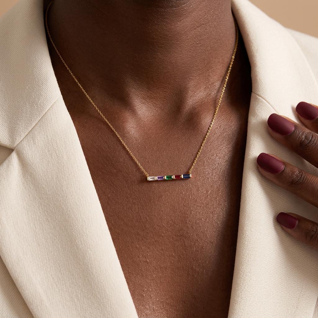 Gold Baguette Birthstone Necklace, Personalized Family Jewelry, Custom Gift for Her, Minimalist Mother’s Day Gift for Her, Mum, Nana