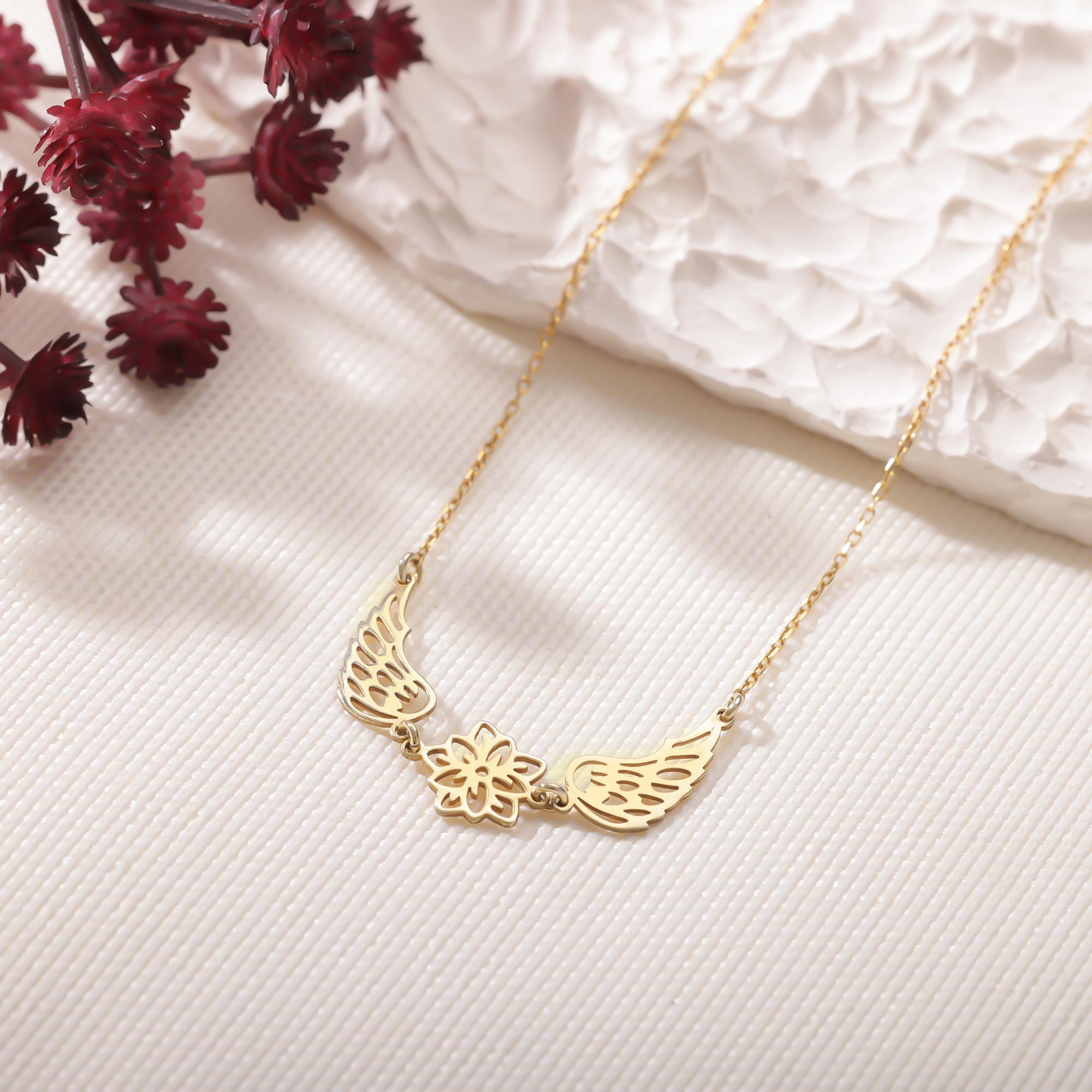 Silver Custom Memorial Birth Flower Necklace Personalized Birth Flower Angel Wing Necklace GuardianAngel Necklace Sympathy Necklace for Her