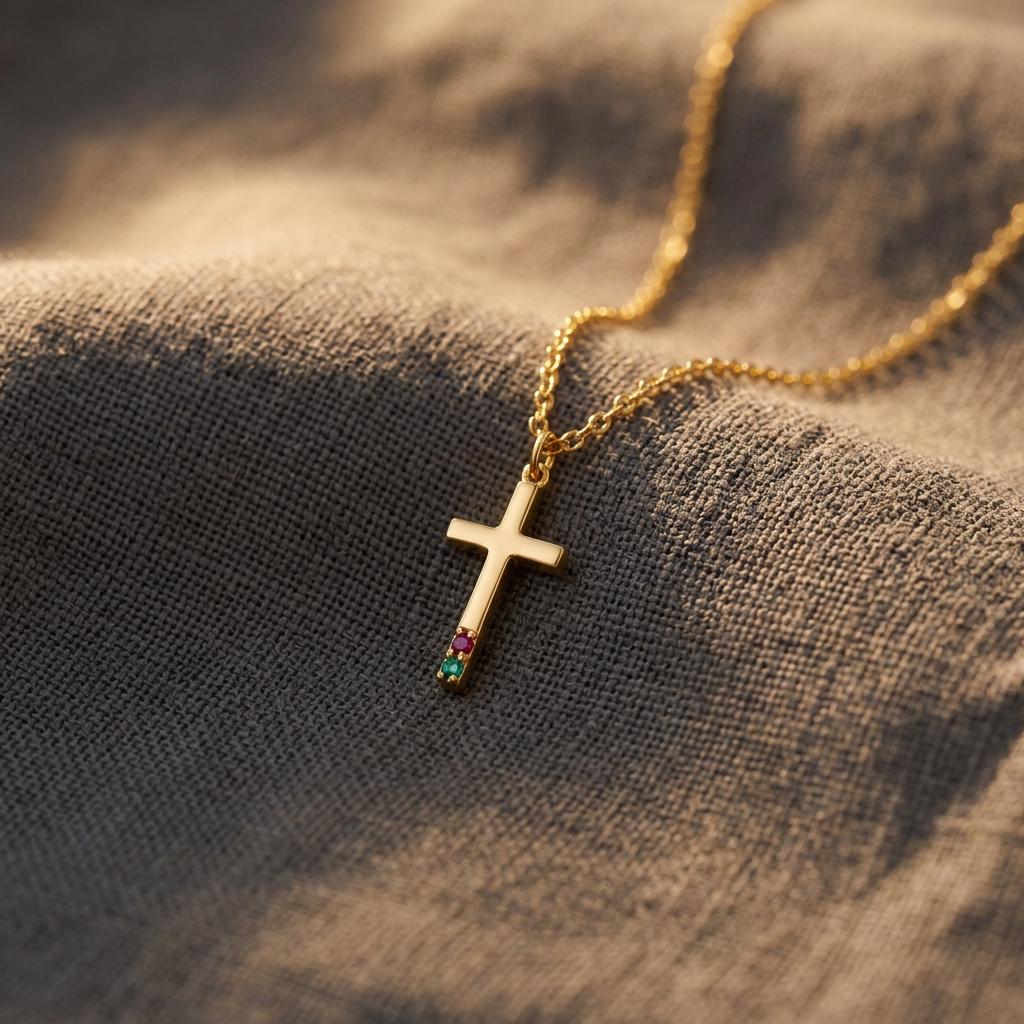 Cross with Birthstone Necklace in Gold, Dainty Cross Necklace, Birthday Cross and Birthstone Necklace for Women, Necklace Gift for Mom