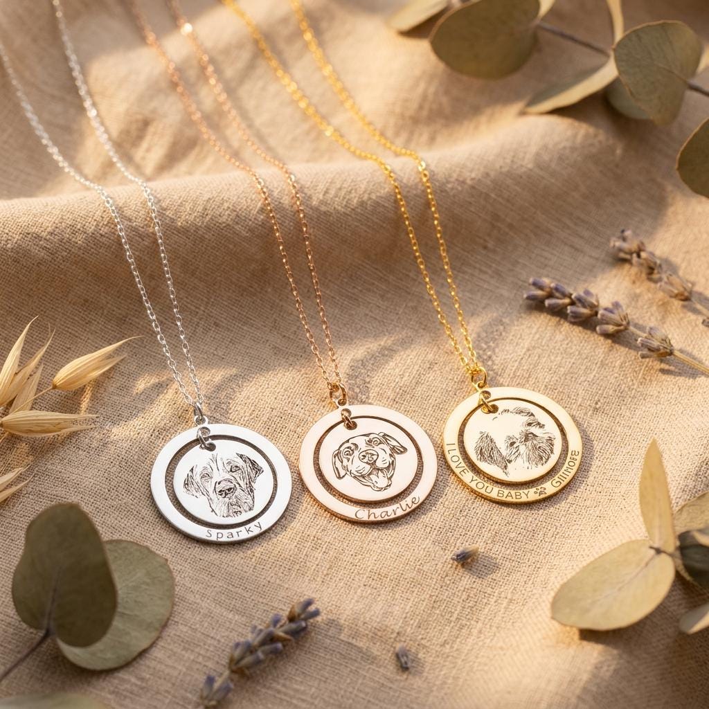 Custom Pet Necklace, Engraved Pet Portrait Pendant, Personalized Pet Name Jewelry,Pet Loss Keepsake, Pet Photo Necklace,Gift for Mom,Grandma