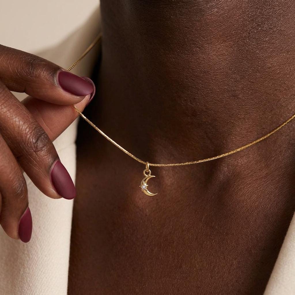 18k Gold Plated Crescent Moon Star Necklace, Celestial Minimalist Jewelry,Luna Necklace Gold Pave Moon Necklace