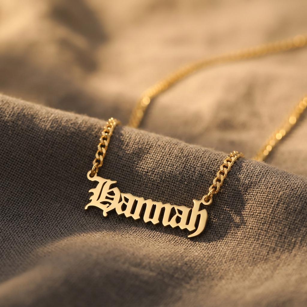 Sterling Silver Old English Name Necklace, Gothic Font Nameplate Necklace, Personalized Jewelry Gift for Women Her