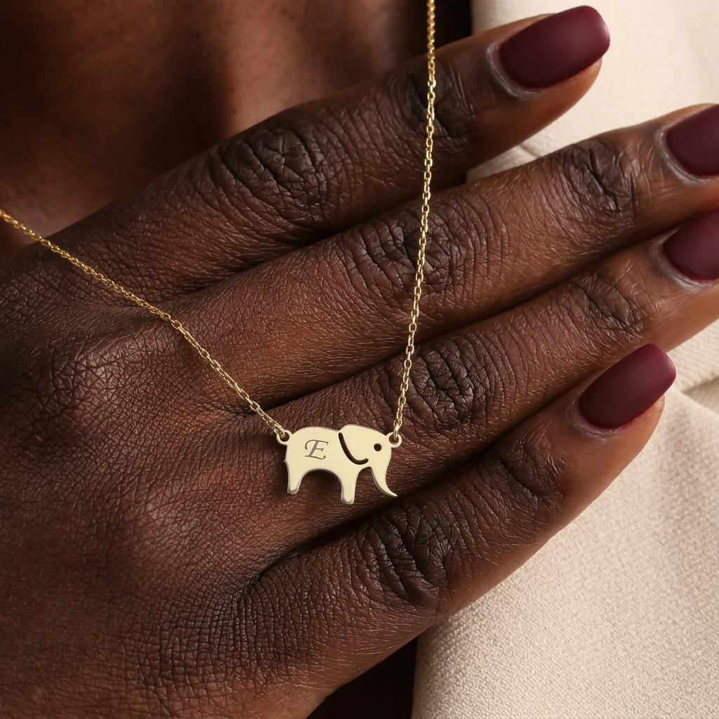 Personalized Elephant Necklace, 14K Gold Animal Necklace, Dainty Elephant Jewelry, Custom Initial Necklace Gift for Women Kids