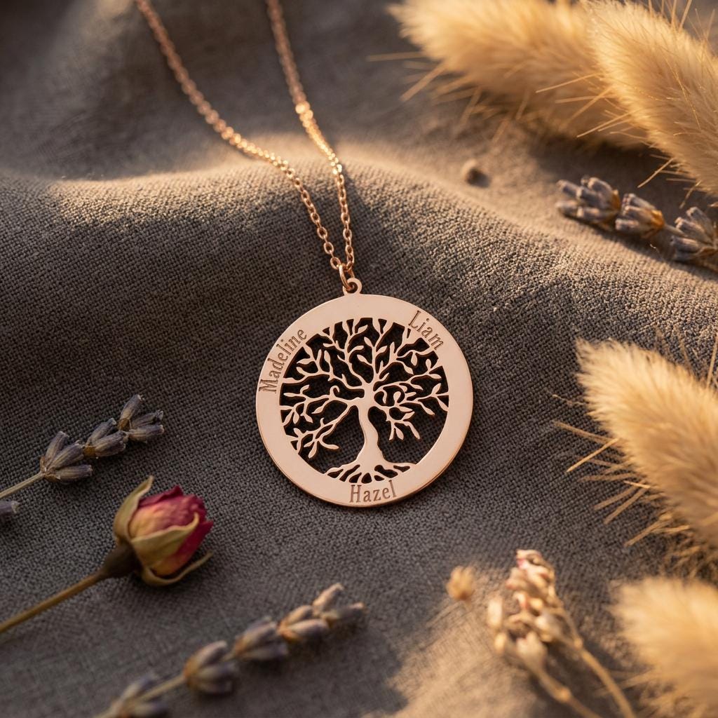 Personalized Tree of Life Necklace, Dainty Family Tree Necklace, Engraved Custom Family Name Necklace Gift For Mom,Grandma