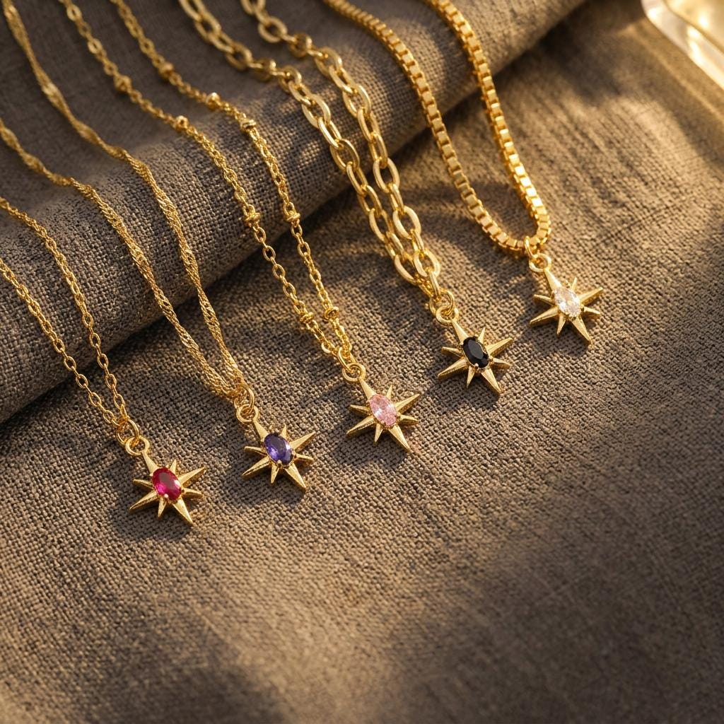 Dainty North Star with Stone Chain Necklace, Polaris Silver Jewelry, Minimalist Necklace, Gift for Her, Mom, Grandma