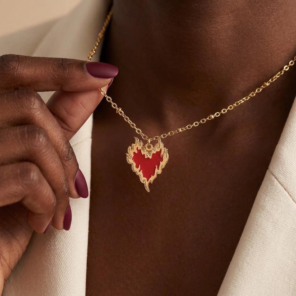 Red Enamel Fire Heart Pendant Necklace, Dainty Heart Necklace, Love Necklace, Enamel Necklace, Gift for her, Everyday Necklace, Mom Gift