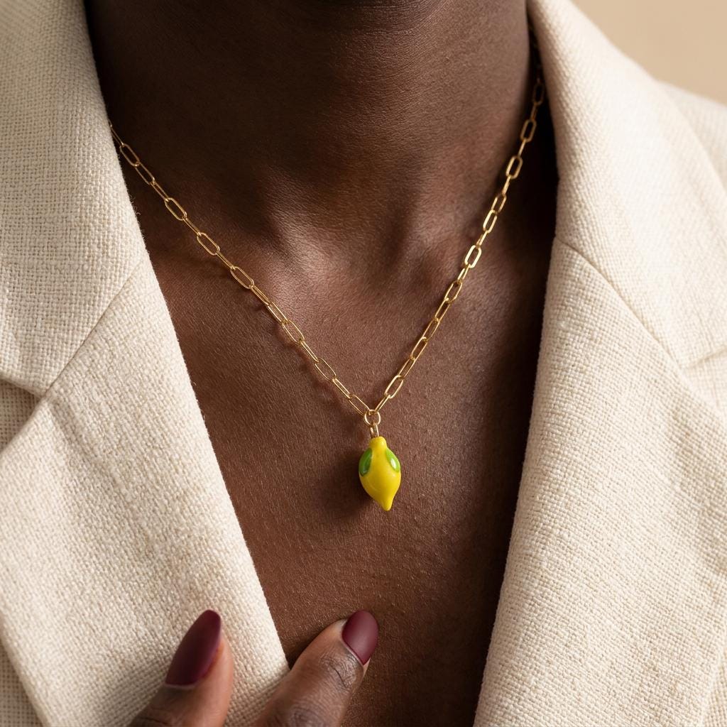 Murano Glass Lemon Necklace, Handmade Lemon Pendant Necklace for Women, Cute Lampwork Fruit Jewelry, Everyday Gift Necklace for Her